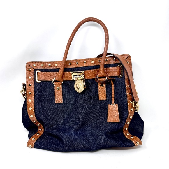 Michael Kors Hamilton Tote Denim with Leather Croc Trim includes Crossbody Strap - Picture 1 of 9